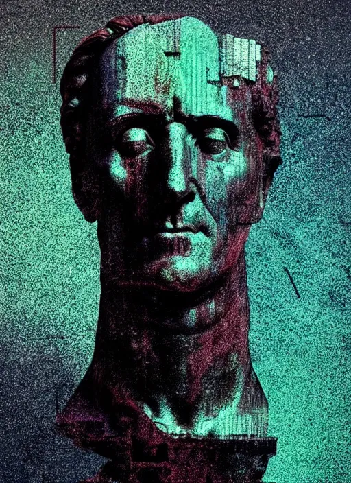 Image similar to statue of julius caesar with a skull, beeple, vaporwave, retrowave, abstract neon shapes, posterization, black background, glitch, pixel sorting, strong contrast, pinterest, trending on artstation