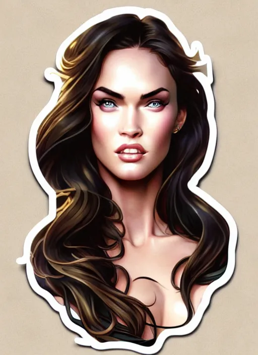 Image similar to cute megan fox sticker design, natural lighting, path traced, highly detailed, high quality, digital painting, by don bluth and ross tran and studio ghibli and alphonse mucha, artgerm