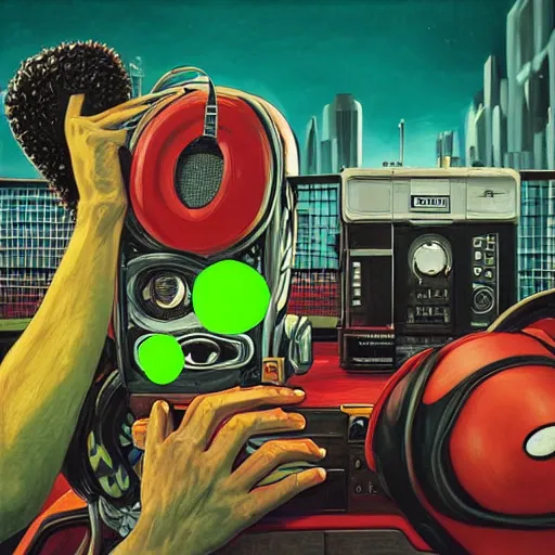 Image similar to a portrait of an anthropomorphic tennis ball monster by sandra chevrier, detailed render, tape deck, boombox, headphones, epic composition, cybernetics, 4 k realistic, cryengine, realistic shaded lighting, sharp focus, masterpiece, by matteo scalera, gary montalbano, peter elson in the style of the tokyo ghost comic