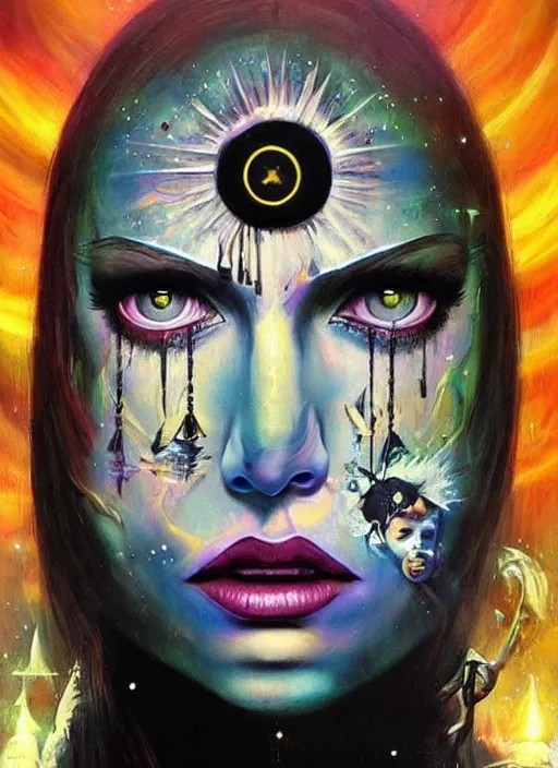 Image similar to gorgeous magic cult psychic woman, painted face, third eye, energetic consciousness psychedelic, epic surrealism expressionism symbolism, story telling, iconic, dark robed, oil painting, symmetrical face, dark myth mythos, by Sandra Chevrier , Bruce Pennington, masterpiece