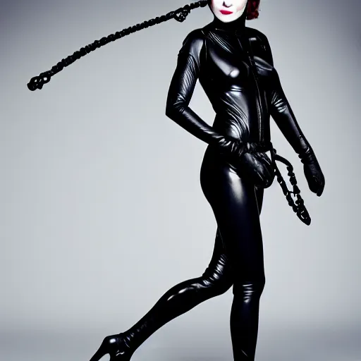 Image similar to Fully-clothed full-body portrait of Emma Stone as catwoman, XF IQ4, 55mm, studio lighting