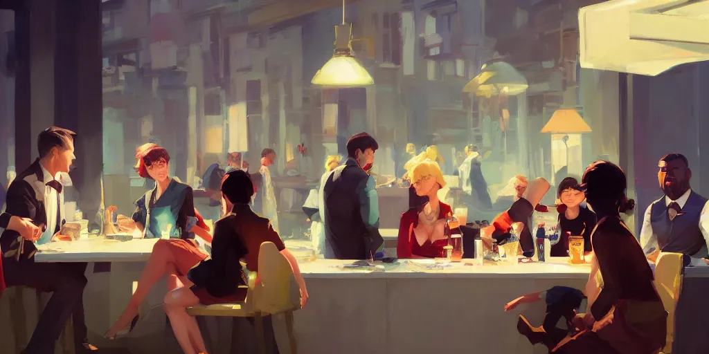 Image similar to one group of people are eating fancy looking at another group of people fighting by Craig Mullins, ilya kuvshinov, krenz cushart, artgerm trending on artstation by Edward Hopper and Dan Mumford and WLOP and Rutkovsky, Unreal Engine 5, Lumen, Nanite