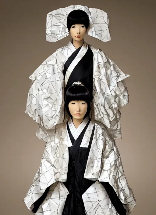 Prompt: a digital portrait of a japanese girl detailed features wearing a kimono latex suit wedding dress - synthetic materials, by balenciaga and issey miyake by ichiro tanida and mitsuo katsui