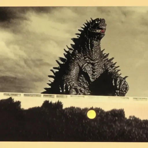 Image similar to rare vintage footage of Godzilla, overshadowing Kim Jong-il, obscured underexposed view