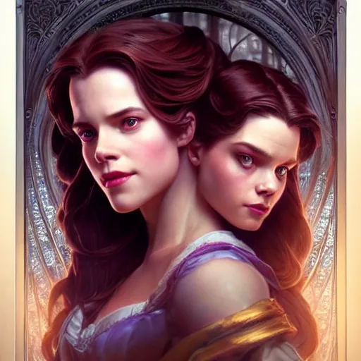 Image similar to belle beauty and the beast ; ultra realistic, concept art, intricate details, eerie, haunting, highly detailed, photorealistic, octane render, 8 k, unreal engine. art by artgerm and greg rutkowski and charlie bowater and magali villeneuve and alphonse mucha