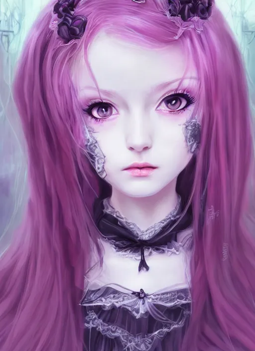 Image similar to beautiful gothic lolita girl portrait, dreamy and ethereal, expressive pose, big eyes, tender expression, exciting, fantasy, intricate, elegant, many rainbow bubbles, pink tones, purple, very detailed, digital painting, artstation, concept art, cyberpunk wearing, soft, sharp focus, illustration, art by artgerm and greg rutkowskiand alphonse much