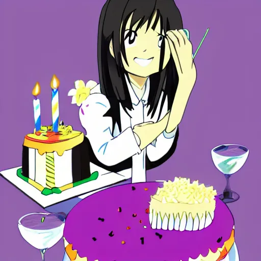 Image similar to Tomoko Kuroki eating a birthday cake, anime fan art