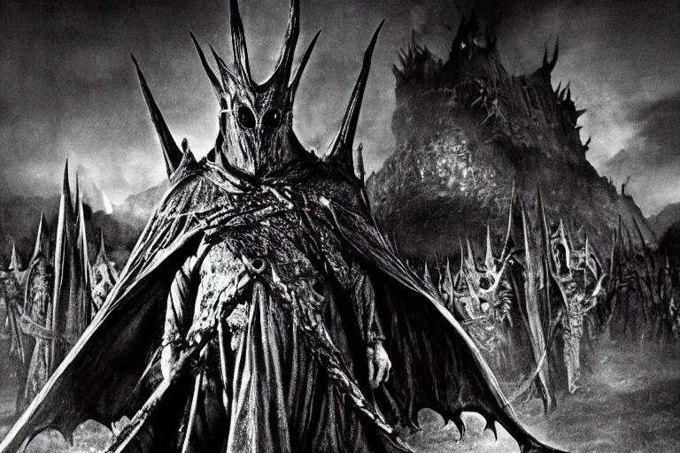 Prompt: the witch king of angmar in the style of h. r. giger, photorealistic movie still from the lord of the rings directed by ridley scott, battle in the background, cinematic