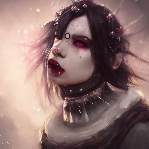 Prompt: whimsical beautiful angry girl, portrait, ice magic, dark hair and makeup, waist high, fantasy clothing, cgsociety, trending on artstation, dnd