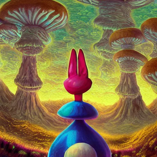 Prompt: 4 k headshot portrait of a psychedelic demonic anthropomorphic bunny rabbit with mushroom themed clothes, magic mushroom village in background by jeff easley, award winning, stylized neon, post - processing, masterpiece, superb resolution. in the art style of junji ito and greg rutkowski. detailed mushroom city in background. hyper realistic anime. perfect art. dalle 2