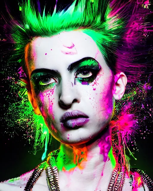 Image similar to splashes of neon, mowhawk, punk women portrait made out of paint, trending on artstation, epic composition, emotional, beautiful, rendered in octane, highly detailed, realistic, tim burton comic book art, sharp focus, unreal engine, depth of field, path tracing