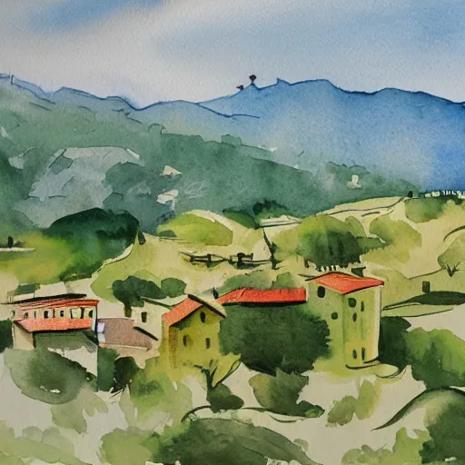 Prompt: watercolor painting of Italian countryside