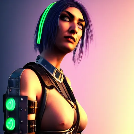 Image similar to realistic cyberpunk female wearing thick leather and steel collar, 4K, neon,