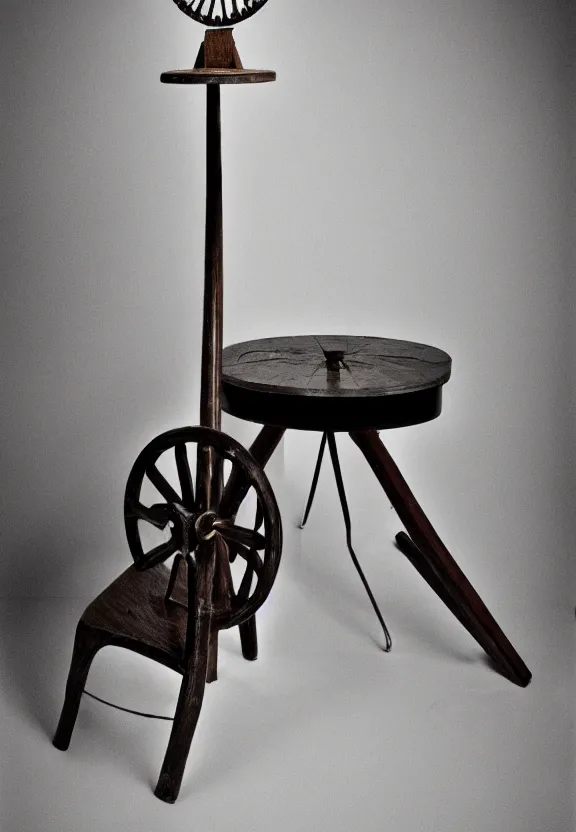 Prompt: a spinning wheel sitting on top of a stool, a surrealist sculpture by marcel duchamp, behance, fluxus, studio portrait, academic art, studio light