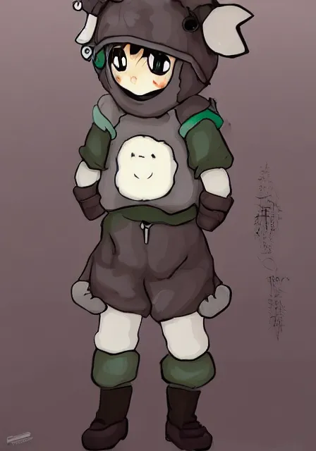 Prompt: little boy wearing sheep suit using a smartphone, gray, blue, green and brown pallet color. made in abyss art style, inspired in kris from deltarrune, cute detailed artwork, anatomically correct, soft details, ligh, reflection