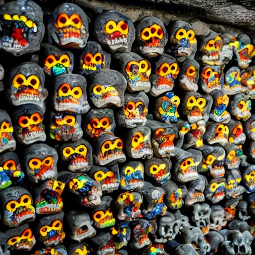 Prompt: photo of paris catacombs with walls of haribo gummy skulls