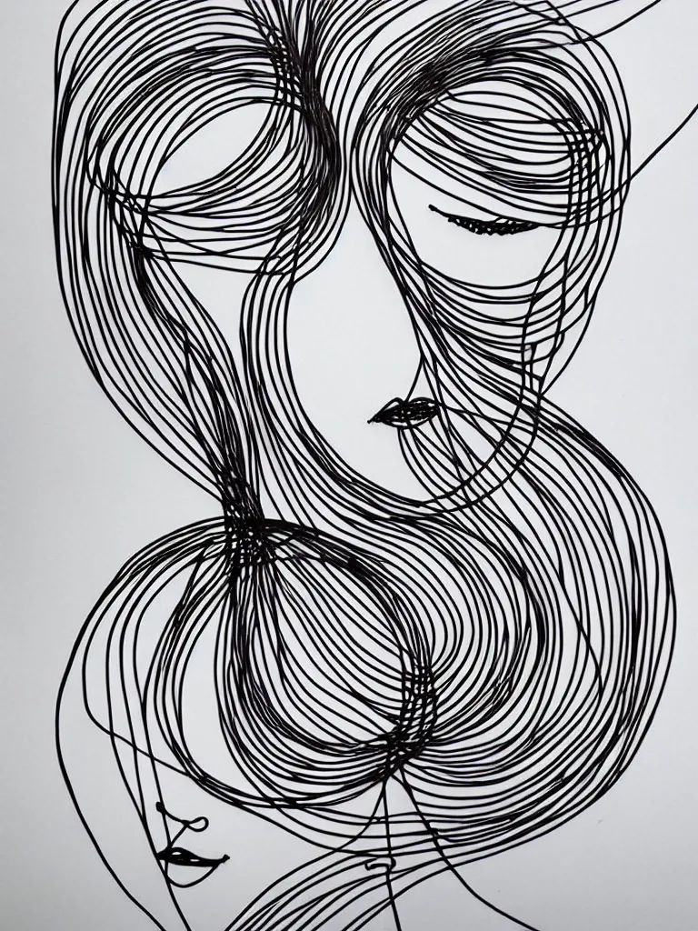 Image similar to elegant minimalist metal wire art of symmetrical and emotional dramatic female facial features and silhouette, influenced by one line drawings, curves, twirls and spirals