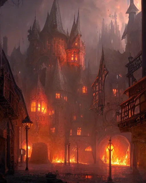Prompt: robust fantasy castle courtyard burned to the ground, fiery ambient, uplifting mood, ultra realistic, sad, small buildings, highly detailed, epic lighting, illuminated, cinematic, morning, art by eddie mendoza
