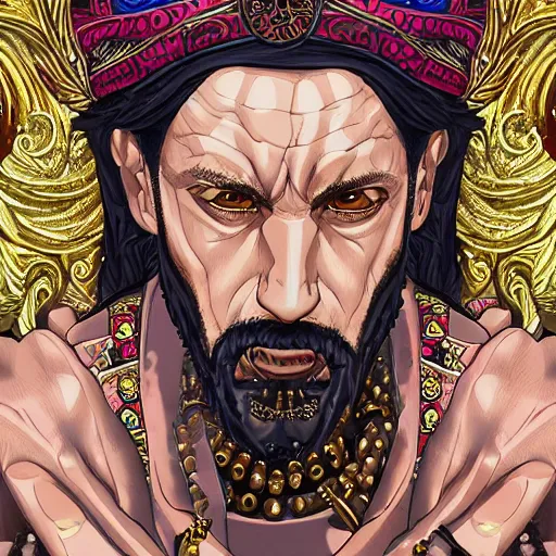 Image similar to 4K headshot portrait of godlike Pimp of Nazareth with defined arms and open hands and bloody clothes with giant mandala wings , intricate face , flawless anime cel animation by Kentaro Miura, psychedelic , highly detailed upper body , professionally post-processed , beautiful, scary, symmetry accurate features, epic, octane rendered, anime masterpiece, accurate by Craig Mullins, ilya kuvshinov, krenz cushart, epic , artgerm trending on artstation by Edward Hopper and Dan Mumford and WLOP and Rutkovsky, beksinski carl spitzweg moebius and tuomas kocar, intricate artwork by caravaggio, Unreal Engine 5, Lumen, Nanite