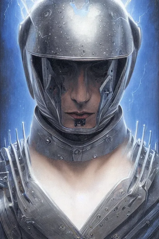 Image similar to portrait of beautiful gothic and futuristic young man, warhammer, cyber armor, a lot of more and more scars, thunderstorm, blue head, the middle ages, highly detailed, artstation, illustration, more and more composision, 8 k quality, art by jean delville, greg rutkowski