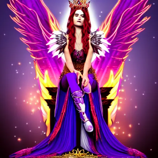 Image similar to Princess sorceress with red flaming bird wings on her back and sitting on an ornate throne dressed in a fancy purple dress, beautiful face, Fantasy, Full Portrait, High detail, realistic, planeswalker