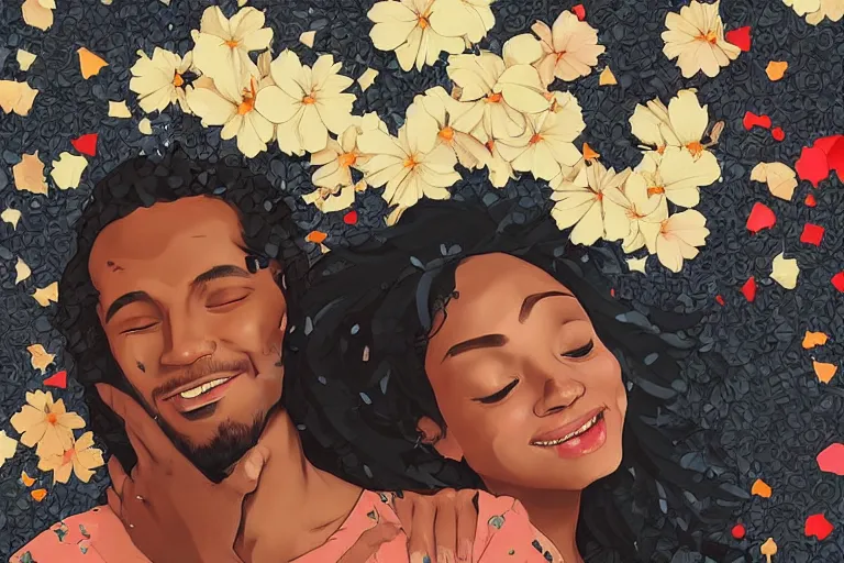 Image similar to portrait of a happy black couple posing together, holding hands surrounded by falling flower petals, crisp digital illustration by artgerm,, by mucha by caravaggio and face by wlop