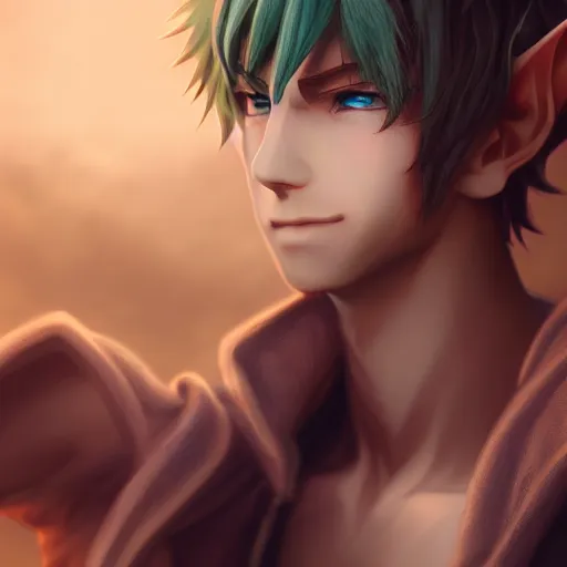 Image similar to elf boy render as a very beautiful 3d anime boy, hazel eyes, full round face, short smile, cinematic lightning, medium shot, mid-shot, highly detailed, trending on Artstation, Unreal Engine 4k, cinematic wallpaper