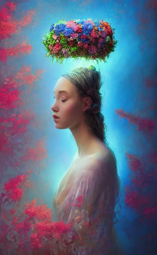 Prompt: a beautiful fantasy oil painting hyperrealism of a beautiful woman, flowers, floral headdress, 8 k resolution, octane render, trending on artstation, by gediminas pranckevicius, volumetric light 2 blue fractal thunder glow by dan mumford, anaglyph effect, laurie lipton