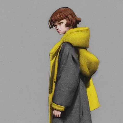 Image similar to a highly detailed epic cinematic concept art CG render digital painting artwork costume design: Sadie Sink, pixie cut, in a used 1950s man's coat and hoodie. muted grey colors with tiny yellow accents. By Greg Rutkowski, Ilya Kuvshinov, WLOP, Stanley Artgerm Lau, Ruan Jia and Fenghua Zhong, trending on ArtStation, made in Maya, Blender and Photoshop, octane render, excellent composition, cinematic atmosphere, dynamic dramatic cinematic lighting, aesthetic, very inspirational, arthouse