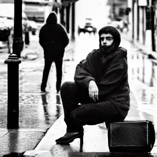 Image similar to black and white fashion photograph, highly detailed portrait of a depressed white drug dealer sitting on a busy street, looking into camera, eye contact, natural light, rain, mist, lomo, fashion photography, film grain, soft vignette, sigma 85mm f/1.4 1/10 sec shutter