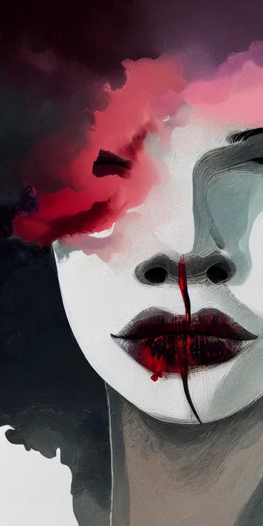 Image similar to minimal abstract painting, closeup of the mouth of a young filipino woman with very narrow face, smoke from her mouth, surrounded by thick swirling smoke, by conrad roset, long brush strokes, dramatic lighting, trending on artstation
