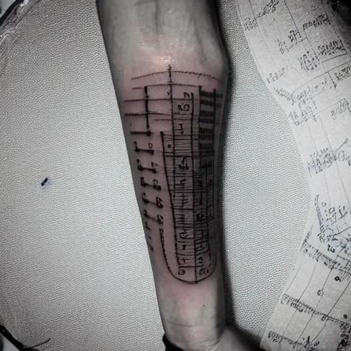 Prompt: a fineline tattoo on the forearm of a melting electric guitar surrounded by mathematical formulas