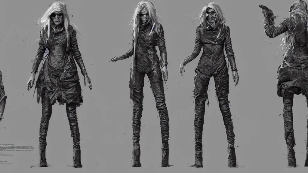 Prompt: character sheet for a white long haired beautiful realistic female for futuristic modern baggy dark grey jacket oakley glasses baseball hat dystopian mad max like fashion brand hamcus on an alien planet, impact by craig mullins, trending on artstation, trending on behance,, hd, 8 k, masterpiece