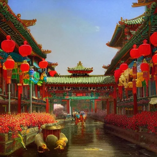 Prompt: a Chinatown full of flowers, digital art, trending on artstation, by Albert Bierstadt