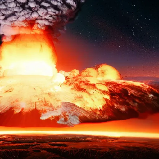 Image similar to nuclear explosion + burning mushroom cloud + hyper real + unreal engine 5 + view from space + beautiful lighting + post processing + 4k