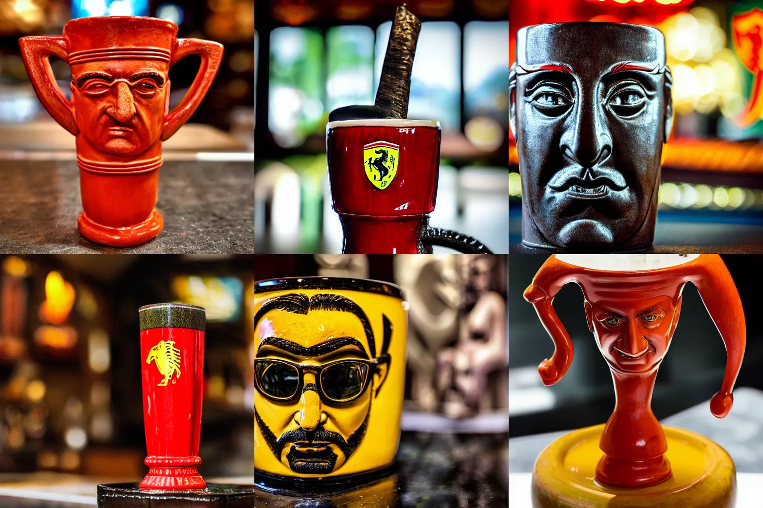 Prompt: a closeup photorealistic photograph of a ferarri themed tiki mug placed at a trader vic's bar featuring the face of young enzo ferrari. tiki theme. bright scene. fine detail. this 4 k hd image is trending on artstation, featured on behance, well - rendered, extra crisp, features intricate detail, epic composition and the style of unreal engine.