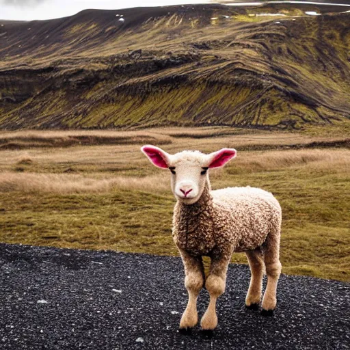 Prompt: a bipedal lamb wearing a sweater staring at the camera, bokeh, iceland hills in the background