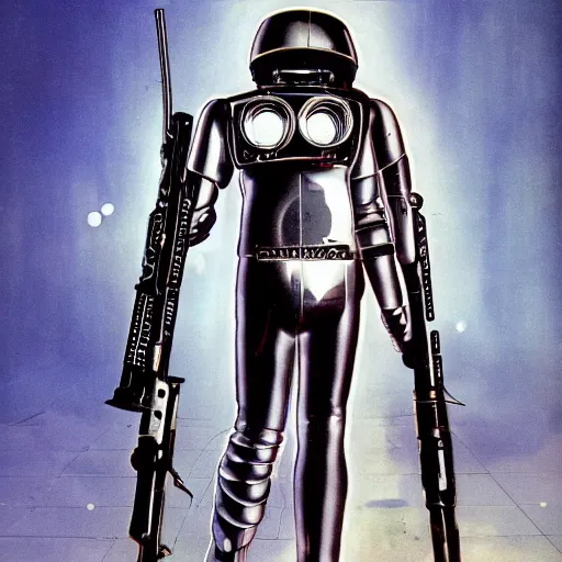 Image similar to 1 9 8 0's heavy metal album art, a shiny reflective detailed chrome android holding a giant rifle - style blaster rifle designed by ridley scott inside a 1 9 8 0's mall