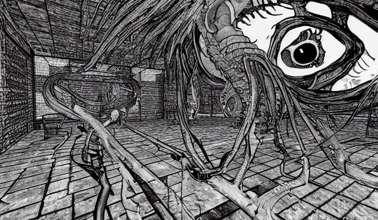 Image similar to Fighting eldritch horrors in an FPS, PC game with UI, by Junji Ito