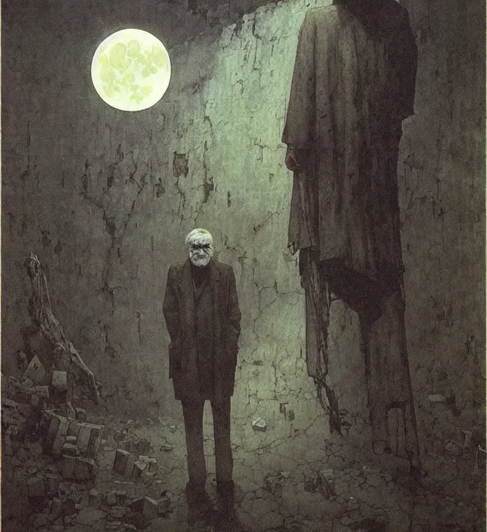 Prompt: old white - headed man under the huge moon on a street of ruined city by beksinski and takato yamamoto and austin osman spare and edward hopper, very coherent, baroque elements