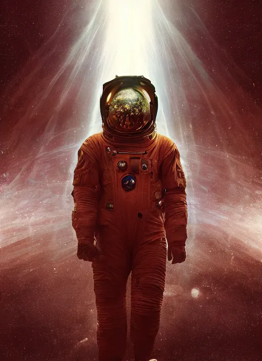 Prompt: symmetry poster art by craig mullins astronaut in futuristic dark and empty spaceship underwater. infrared glowing lights. complex and hyperdetailed technical suit. reflection and dispersion materials. rays and dispersion of light. volumetric light. 5 0 mm, f / 3 2. noise film photo. flash photography. unreal engine 4, octane render. interstellar movie poster