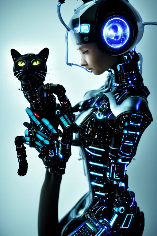 Image similar to cybernetic high tech catgirl with a cybercat on her head, sci - fi, cyberpunk, futurism, exoskeleton, strong artificial intelligence, symmetry, cinematic, elegant, luxury, professional studio light, perfect composition, dlsr photography, sharp focus, 8 k, ultra hd, sense of awe, highly detailed, hyper realistic, intricate, science journal cover