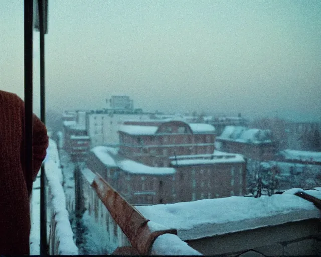 Image similar to lomographic film still photo of 4 0 years russian man with beard and sweater standing on small hrushevka 9 th floor balcony full with cigarette smoke in winter taiga looking at sunset, cinestill, bokeh