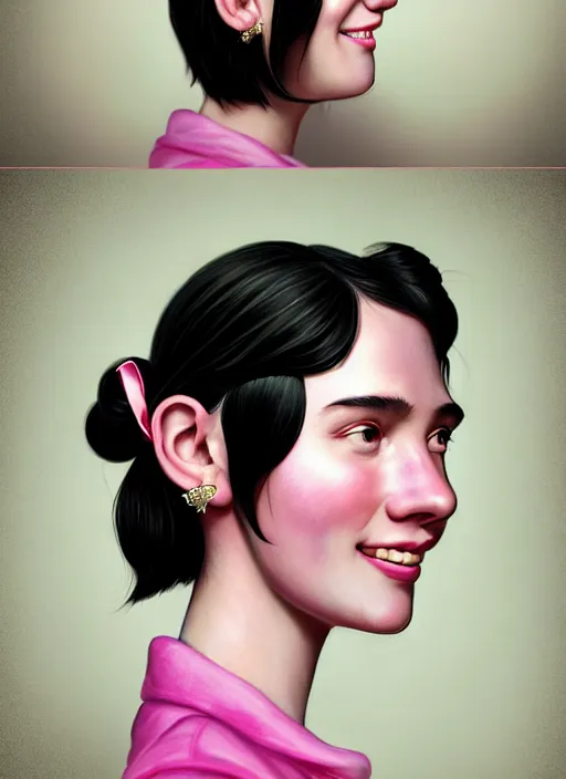 Image similar to portrait of high school girl, realistic, black hair, bangs, half updo hairstyle, pointy nose, skinny, smile, ugly, defined jawline, big chin, pink hair bow, earrings, intricate, elegant, glowing lights, highly detailed, digital painting, artstation, sharp focus, illustration, art by wlop, mars ravelo and greg rutkowski