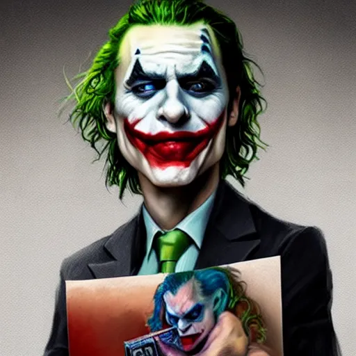Prompt: the joker holding a printed photo of Margot Robbie, digital painting, amazing detail, artstation, cgsociety