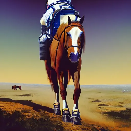 Image similar to a horse on top a man, a horse carried by a astronaut, hyperrealism, no blur, 4 k resolution, ultra detailed, style of ron cobb, adolf hiremy - hirschl, syd mead, ismail inceoglu, rene margitte