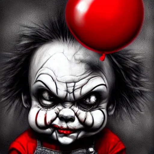 Image similar to surrealism grunge cartoon portrait sketch of chucky with a wide smile and a red balloon by - michael karcz, loony toons style, pennywise style, horror theme, detailed, elegant, intricate