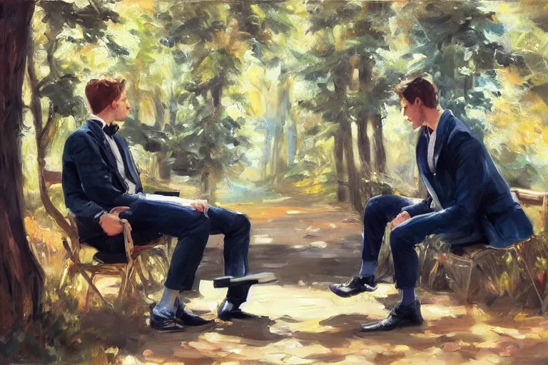 Image similar to 2 attractive men sitting on a coach in forest, painting by vladimir volegov, tom of finland, trending on artstation