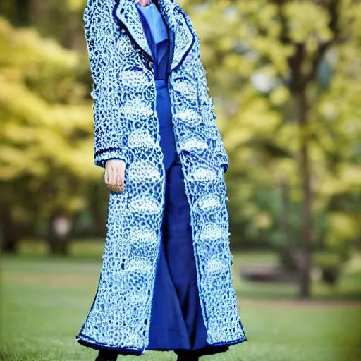 Image similar to fashion 2 0 5 0 fantastic openwork long coat with intricate pattern on a beautiful symmetrical girl with blue hair, hyper realistic photos