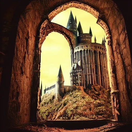 Prompt: ruins of a harry potter universe castle in the evening. a dark wizard stands inside the ruins and summons a portal that would take me back home.